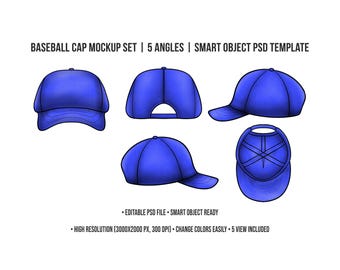 Vector Cap Mockup Set | 5 Angles | Smart Object PSD Template Digital Mockups