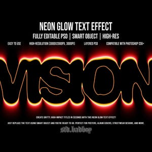 May include: A digital graphic featuring the word "VISION" in a neon glow text effect. The text has a yellow outline with a red glow, set against a black backdrop. The design includes text about the product's features and compatibility.