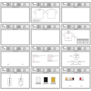 May include: A collection of design templates for apparel, featuring detailed diagrams, color swatches, and size charts. The templates include areas for logos and product information, with a focus on t-shirt designs and specifications.