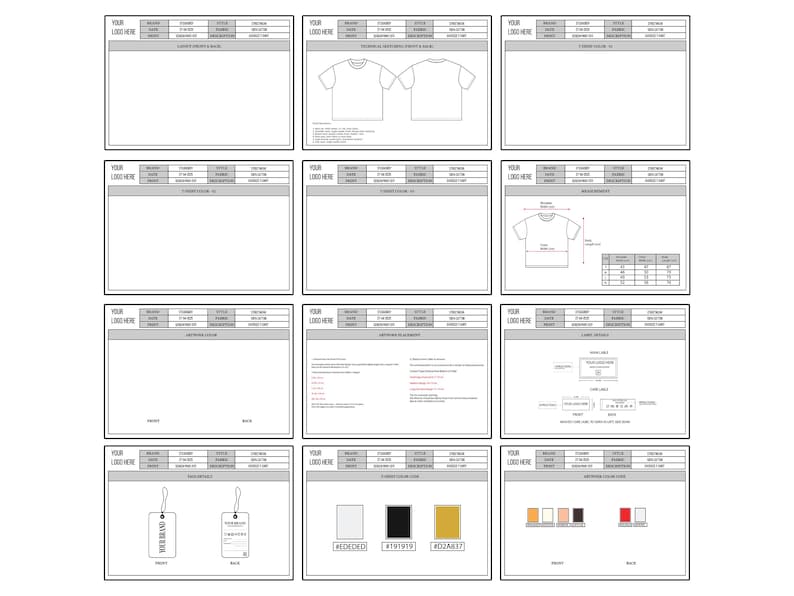 May include: A collection of design templates for apparel, featuring detailed diagrams, color swatches, and size charts. The templates include areas for logos and product information, with a focus on t-shirt designs and specifications.