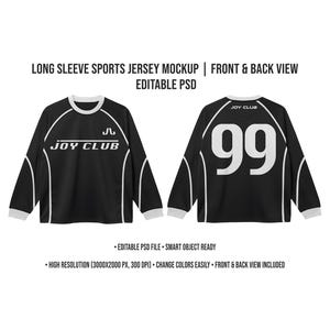 Może przedstawiać: Czarny mockup sportowej koszulki z długim rękawem z białymi akcentami. Przód przedstawia napis "JOY CLUB" i logo, a tył numer "99". Koszulka ma białe mankiety i biały kołnierz. Obraz zawiera tekst "EDITABLE PSD FILE" i "FRONT & BACK VIEW INCLUDED".