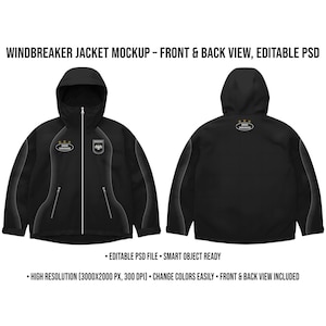 May include: Black windbreaker jacket mockup, front and back view, with a hood and a zip. The jacket has a logo on the chest and back. The text on the image says "WINDBREAKER JACKET MOCKUP - FRONT & BACK VIEW, EDITABLE PSD".