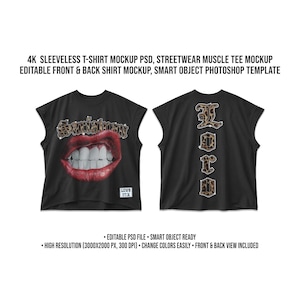 Puede incluir: Una camiseta negra sin mangas en vista frontal y trasera. El frente muestra labios rojos con dientes blancos y texto con estampado de leopardo. La parte posterior muestra letras verticales de leopardo. Texto: 4K SLEEVELESS T-SHIRT MOCKUP PSD, STREETWEAR MUSCLE TEE MOCKUP, EDITABLE FRONT & BACK SHIRT MOCKUP, SMART OBJECT PHOTOSHOP TEMPLATE, EDITABLE PSD FILE, SMART OBJECT READY, HIGH RESOLUTION (3000X2000 PX, 300 DPI), CHANGE COLORS EASILY, FRONT & BACK VIEW INCLUDED.