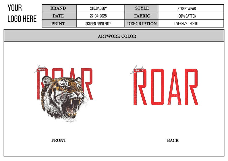 May include: White oversized t-shirt featuring a tiger head graphic with the word "ROAR" in red, distressed font. The front of the shirt displays the tiger graphic and the word "ROAR". The back of the shirt displays the word "ROAR".