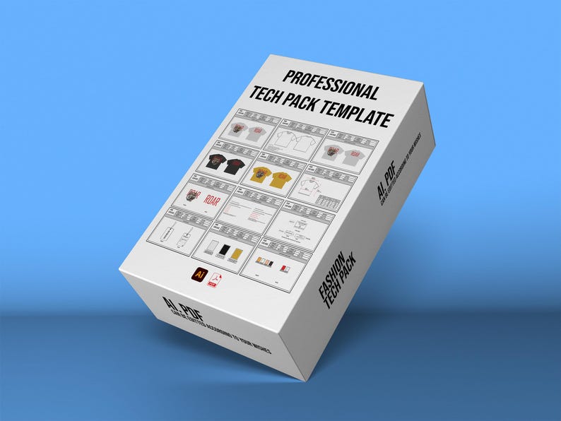 May include: A white box with the text "PROFESSIONAL TECH PACK TEMPLATE" in black. The box displays various fashion design templates and the words "AI PDF" and "FASHION TECH PACK". The background is a gradient of blue.