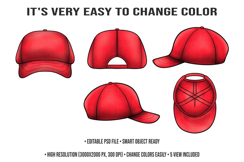 Vector Cap Mockup Set | 5 Angles | Smart Object PSD Template Digital ...