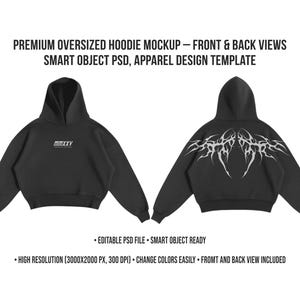 Könnte beinhalten: Schwarzes übergroßes Hoodie-Mockup mit Vorder- und Rückansicht. Auf der Vorderseite steht der Text "MMXXV" in Weiß. Die Rückseite zeigt ein weißes Tribal-Design. Das Bild enthält Text: "PREMIUM OVERSIZED HOODIE MOCKUP - FRONT & BACK VIEWS SMART OBJECT PSD, APPAREL DESIGN TEMPLATE".