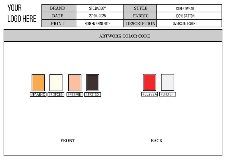 May include: A design sheet for an oversized t-shirt, featuring a color palette with orange, cream, peach, and dark brown swatches. The sheet includes the brand name, date, print type, and fabric information. The back and front of the shirt are indicated.