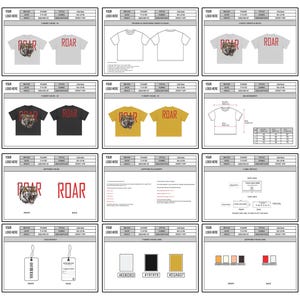 May include: A collection of t-shirt designs featuring a tiger graphic and the word "ROAR" in red. The designs are displayed on white, gray, black, and yellow t-shirts. Includes size charts and color options.