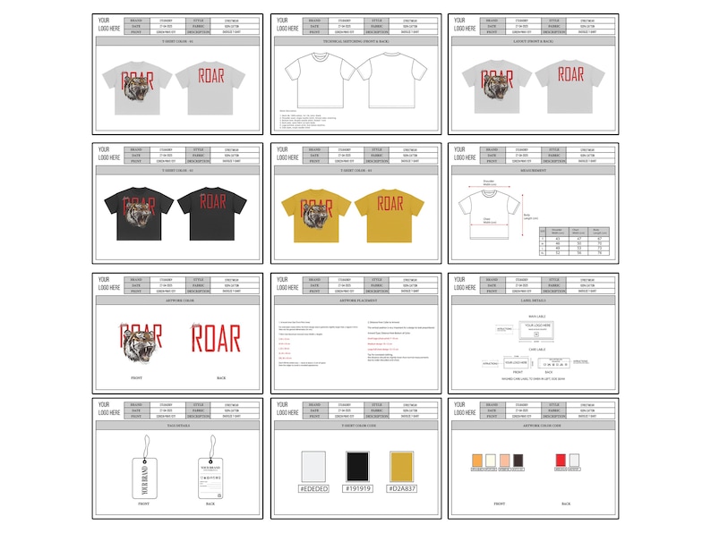May include: A collection of t-shirt designs featuring a tiger graphic and the word "ROAR" in red. The designs are displayed on white, gray, black, and yellow t-shirts. Includes size charts and color options.