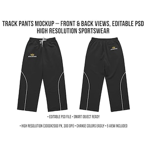 Op de afbeelding: Zwart joggingbroek mockup met voor- en achteraanzicht. De broek heeft een wit trekkoord, witte zijaccenten en een gouden "ATHLETICS" logo. De afbeelding bevat tekst: "TRACK PANTS MOCKUP - FRONT & BACK VIEWS, EDITABLE PSD HIGH RESOLUTION SPORTSWEAR".