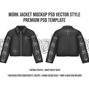 May include: Black work jacket mockup with a front and back view. The jacket features a zipper closure, a collar, and a cross design on the front and back. The sleeves have a bone design. The text on the image says "WORK JACKET MOCKUP PSD VECTOR STYLE PREMIUM PSD TEMPLATE".