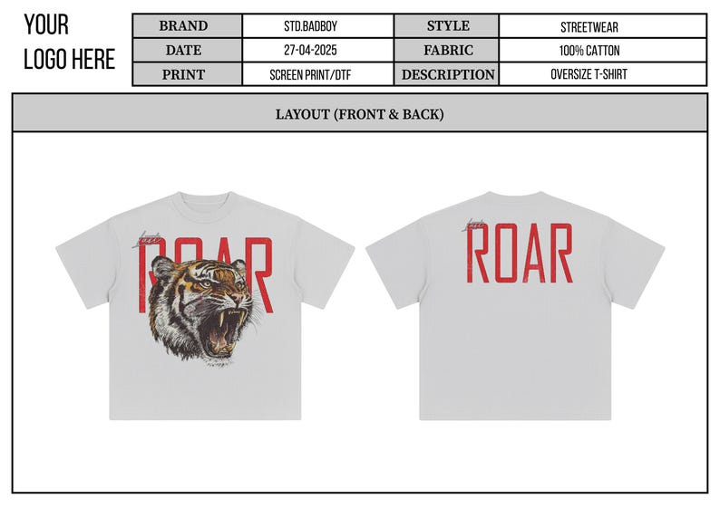 May include: Oversized white t-shirt with a roaring tiger graphic. The front features a detailed tiger head with the word "ROAR" in red block letters. The back of the shirt also displays "ROAR" in red. Made of 100% cotton.