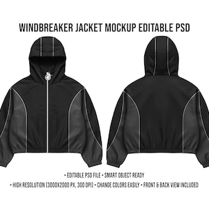 Könnte beinhalten: Ein schwarzes Windjacken-Mockup mit Kapuze, Vorder- und Rückansicht. Die Jacke hat graue Einsätze an den Seiten und weiße Paspeln. Der Text "WINDBREAKER JACKET MOCKUP EDITABLE PSD" steht oben. Zusätzlicher Text enthält "EDITABLE PSD FILE", "SMART OBJECT READY" und "HIGH RESOLUTION".