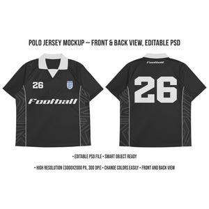 May include: Black polo jersey mockup with front and back views. The jersey features a white collar, the number 26, and the word "Football". The design includes white and gray accents.