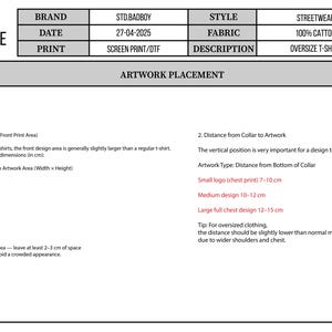 May include: A detailed technical document for oversized t-shirt artwork placement. Includes brand information, date, fabric, print type, and shirt style. Provides dimensions in centimeters for various sizes (S, M, L, XL, XXL) and guidelines for artwork placement, including distance from the collar.