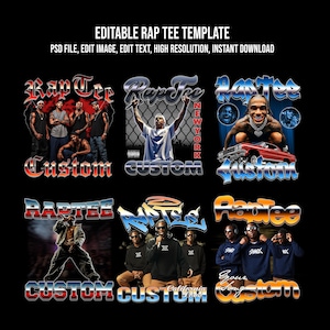 Pode incluir: Um design gráfico preto com vários modelos de camisetas de rap personalizadas. Cada design inclui imagens de rappers, as palavras "Rap Tee" e "Custom" em várias fontes e cores. O texto "Editable Rap Tee Template" está no topo.