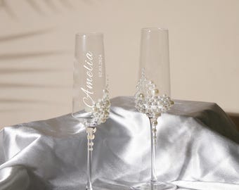 Copa de champán de perla personalizada para bodas, accesorios de boda personalizados, copas de boda, copas para novios, regalo de boda