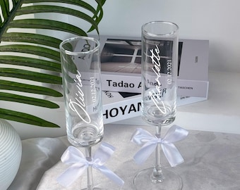 Personalised Couples' Champagne Flute Set,Gift for Couples,Bridal Shower,Engraved Toasting Glasses,Custom Bride & Groom Glasses,Send ribbons