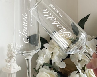 Personalised Couples' Champagne Flute Set,Bridal Shower,Engagement Toasting glasses,Custom Bride & Groom Glasses,Engraved Coupe Glass,
