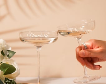 Personalized Engraved Champagne Glass Coupe Glass,Engagement Toasting glasses,Gift for Her,Bridesmaid groomsman,Wedding Champagne Glass