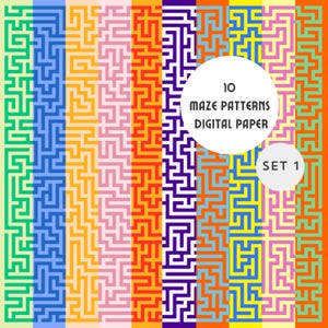 Könnte beinhalten: Zehn bunte digitale Papiermuster mit Labyrinth-Designs. Die Muster sind in Grün, Blau, Gelb, Rosa, Orange, Rot, Lila, Hellblau, Gelb und Rosa. Der Text "10 MAZE PATTERNS DIGITAL PAPER SET 1" befindet sich in einem weißen Kreis.