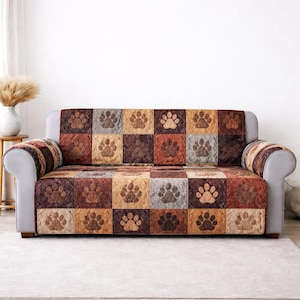 Rustic Dog Paw Quilted Sofa Cover, Patchwork Pet Paw Couch Cover, Quilted Couch Protector for Dog Lovers, Farmhouse Sofa Throw