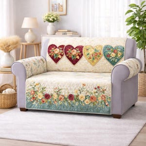 May include: A floral-patterned sofa cover with a cream background and a border of colorful roses. The back of the cover features four heart-shaped appliqués filled with flowers. The sofa has a light purple frame and is set in a well-lit room.