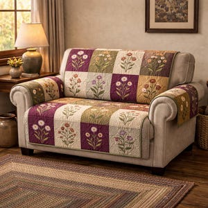 May include: A floral quilted sofa cover with a patchwork design. The cover features embroidered flowers in various colors, including white, purple, and yellow, set against a cream, green, and burgundy background. The cover is draped over a beige sofa.