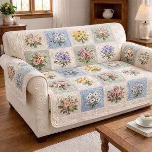 以下が含まれることがあります： クリーム色のソファと花のキルトカバー。カバーには、ピンクのバラ、黄色のデイジー、紫のアジサイなど、パステルカラーのさまざまな花のブーケが刺繍された正方形があります。ソファには丸みを帯びたアームがあります。
