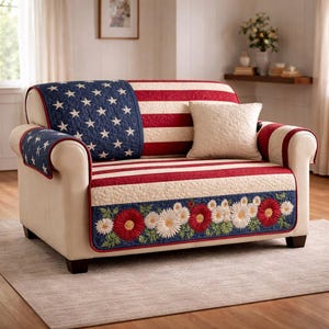 Könnte beinhalten: Cremefarbenes Zweisitzer-Sofa mit patriotischem Thema. Der Sitz ist mit einem gesteppten Bezug mit roten und weißen Streifen, einem blauen Bereich mit weißen Sternen und einem floralen Rand versehen.