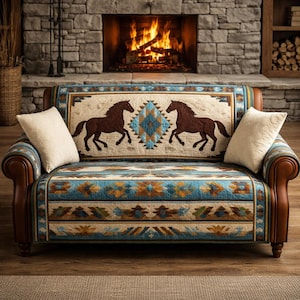 May include: A two-seater sofa with a Southwestern design. The sofa features a brown leather frame and armrests, with a patterned fabric in shades of blue, brown, and cream. The back of the sofa displays two brown horse silhouettes and a geometric pattern. Two cream-colored pillows are on the sofa.