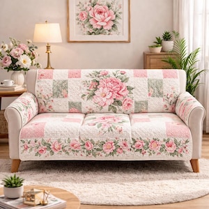 Funda de sofá acolchada con patchwork floral, funda de sofá estilo shabby chic, protector de sofá floral acolchado, manta de sofá estilo cottagecore con rosas