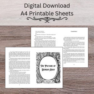 May include: A black and white printable book cover for "The Picture of Dorian Gray" by Oscar Wilde. The cover features a decorative ornate frame with a blank oval inside.