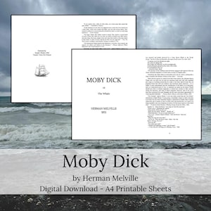 Puede incluir: Una descarga digital de "Moby Dick" de Herman Melville. La imagen muestra dos páginas abiertas del libro, con texto y una pequeña ilustración de un velero. El título se muestra, junto con el nombre del autor y el año 1851.