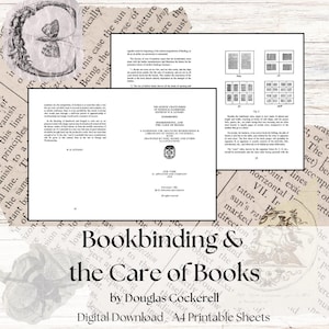 Op de afbeelding: Een digitale download met vintage pagina's over boekbinden en de verzorging van boeken. De afbeelding bevat een titelpagina, diagrammen en tekstfragmenten. De titel "Bookbinding & the Care of Books" is prominent aanwezig.