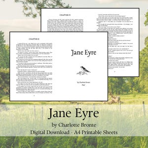 May include: Two open pages of the novel "Jane Eyre" by Charlotte Bronte, with text from Chapters II and IV. The title and author's name are displayed below the pages, along with the text "Digital Download - A4 Printable Sheets."