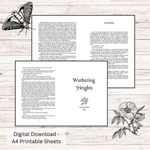 May include: A black and white illustration of a butterfly with a floral design. The image is on a woodgrain background. The text "Wuthering Heights" is visible in the image. The text "By Emily Bronte 1847" is also visible in the image.