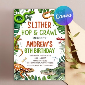 May include: A colourful invitation for a 6th birthday party with a jungle theme. The invitation features a green snake, a red lizard, a green alligator, and a dragonfly. The text reads "Slither Hop & Crawl On Over To Andrew's 6th Birthday Saturday, March 20th 2:00-4:00 PM Andrew's House 123 Northon St, Austin TX 2781 RSVP to Anna at 123-456-7890"
