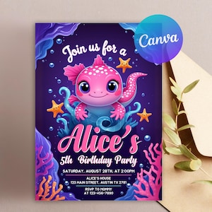 Axolotl Birthday Invitation, Editable Axolotl Birthday Invitation Template, Pink Girl Axolotls Invite, Printable Axolotls Party Invite