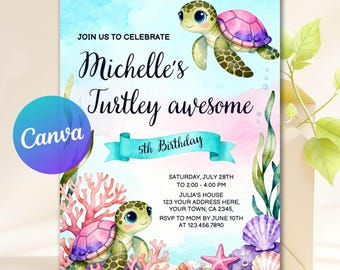 Sea Turtle Digital Invite, Turtles Invitation, Editable Kids Birthday Invitation, Under the Sea Theme, Instant Download Printable Invitation