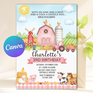 Editable Pink Farm Birthday Invitation, Farm Animals Birthday Invite, Girl Barnyard Birthday, Girl Farm, Barnyard Animals, Canva Template