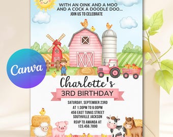 Editable Pink Farm Birthday Invitation, Farm Animals Birthday Invite, Girl Barnyard Birthday, Girl Farm, Barnyard Animals, Canva Template
