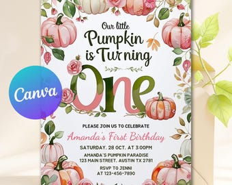 Our Little Pumpkin First Birthday Invitation Girl Fall Birthday Invite Pink Pumpkin Theme Editable Autumn One Printable Template Canva
