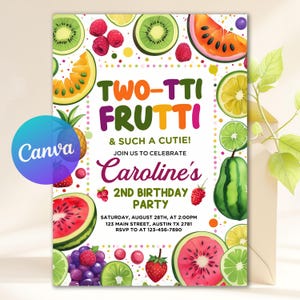 Two-tti Frutti Birthday Invitation, Two-tti Frutti 2nd Birthday Invite, Fruit Party Invitation, Two-tti Frutti Invites, Canva Template