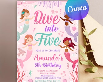Dive into Five 5th Birthday, Mermaid Invitation, Mermaid Bash Under the Sea Birthday Invite, Pink Purple Blue Mermaid Invite, Canva Template