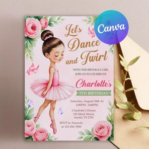 Ballerina Birthday Invitation, Ballet Birthday Invitation, Dance And Twirl Invitation, Tutu Ballerina Dress Template, Editable Template
