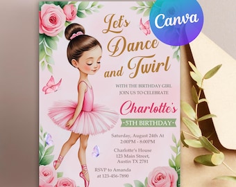 May include: A pink and green invitation with a ballerina illustration. The text reads "Let's Dance and Twirl" with the birthday girl's name "Charlotte's" and the age "5th Birthday".
