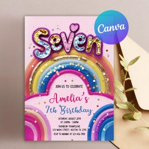以下が含まれることがあります： ピンク色の誕生日招待状。虹のデザインで、上部に「Seven」、下に「Amelia's 7th Birthday」と書かれています。イベントの詳細とCanvaのロゴが含まれています。