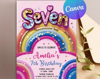 Rainbow Seventh Birthday Invite, 7th Birthday Invitation, Girl 7th Invitation, Girl Birthday, Neon Glow Invitation, Canva Editable